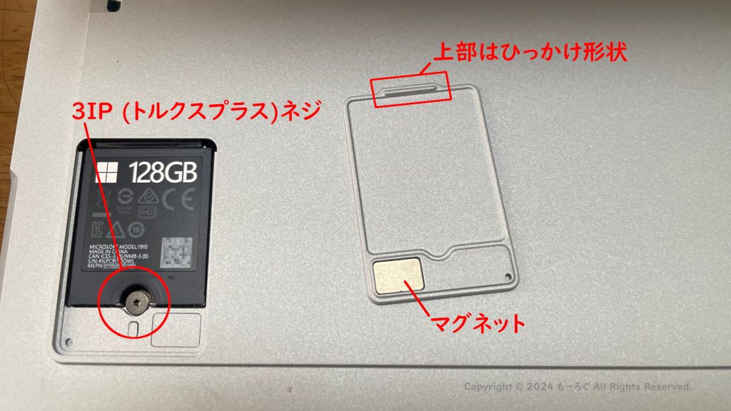 外したSSDカバーと、SSD固定ネジ